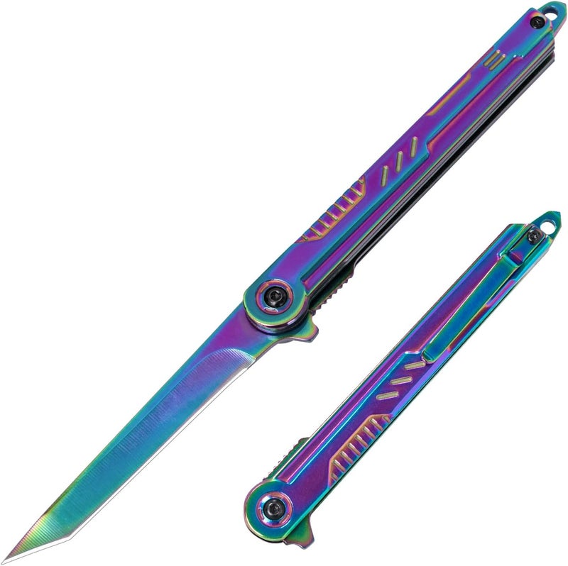 FUNBRO Rainbow Pocket Knife for Men & Women - EDC Folding Knives with Clip, Glass Breaker, Flipper and Liner Lock for Self Defense - Cool Survival Knife for Outdoor Camping - Image 1
